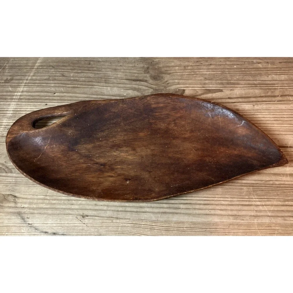 VTG Rustic Wooden Leaf Shape Tray Bowl Trinket Dish 15” Hand Carved Primitive